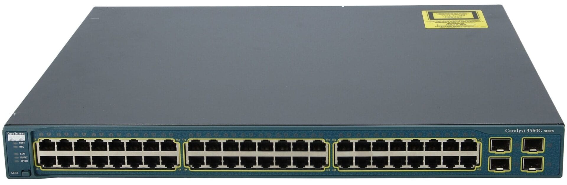 Cisco WS-C3560G-48TS-S: Switch mạng Gigabit 48 cổng của Cisco Cisco WS-C3560G-48TS-S là một switch mạng thuộc dòng Cisco Catalyst 3560G, chuyên cung cấp kết nối Gigabit Ethernet đáng tin cậy cho các mạng doanh nghiệp vừa và nhỏ, chi nhánh hoặc môi trường có mật độ mạng trung bình. Đặc điểm chính: 48 cổng Gigabit Ethernet: Cung cấp băng thông tốc độ cao lên đến 1 Gbps cho mỗi cổng, đáp ứng nhu cầu truyền tải dữ liệu lớn của các thiết bị như máy tính, máy chủ, điện thoại IP, camera an ninh, v.v. PoE (Power over Ethernet): Hỗ trợ chuẩn PoE IEEE 802.3af, cho phép cấp nguồn trực tiếp qua cáp mạng Ethernet đến các thiết bị tương thích như điện thoại IP, điểm truy cập Wi-Fi, camera IP, loại bỏ nhu cầu sử dụng nguồn điện riêng biệt, giúp việc triển khai mạng thuận tiện và gọn gàng hơn. 4 cổng SFP Gigabit: Cung cấp các tùy chọn kết nối linh hoạt với các thiết bị khác thông qua cáp quang, mở rộng phạm vi triển khai mạng của bạn. Các tính năng quản lý nâng cao: Hỗ trợ đầy đủ các tính năng quản lý mạng của Cisco IOS, bao gồm VLAN, Spanning Tree, QoS, ACL, v.v., giúp bạn kiểm soát và tối ưu hóa hiệu suất mạng. Thiết kế nhỏ gọn: Chỉ chiếm 1U trong tủ rack, phù hợp với các không gian hạn chế.